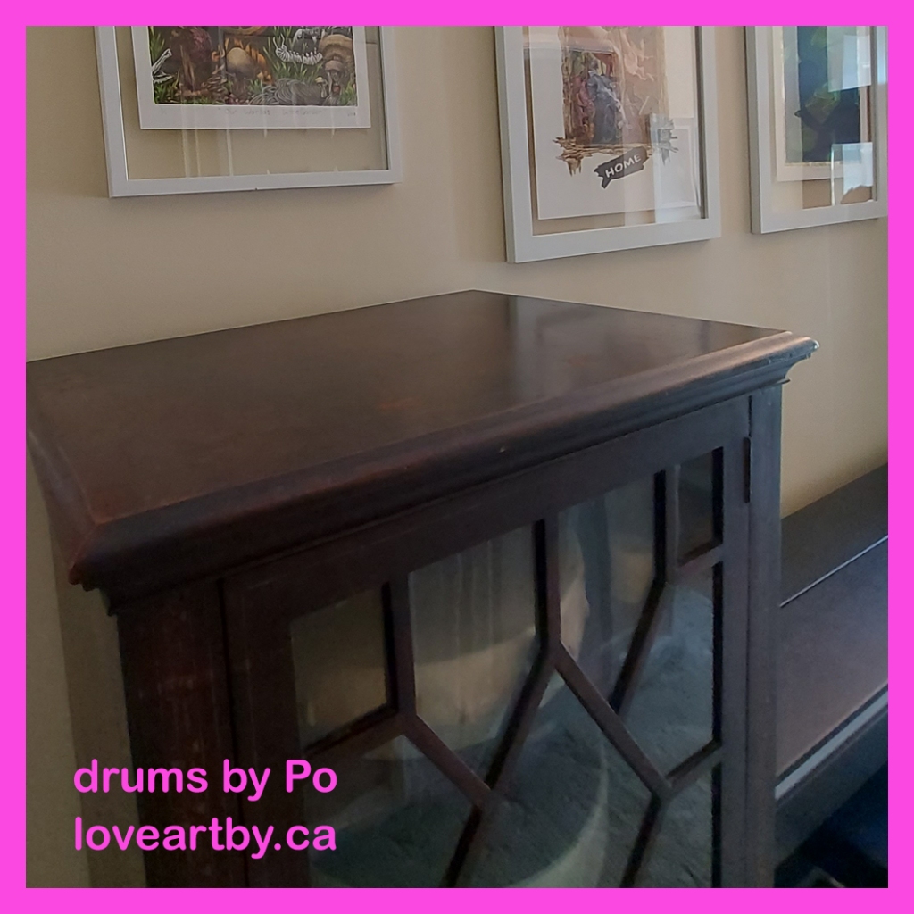 Love Art By Po Portia Chapman Kingston Art Studio Indigenous Hand Drum Antique Cabinet and Prints